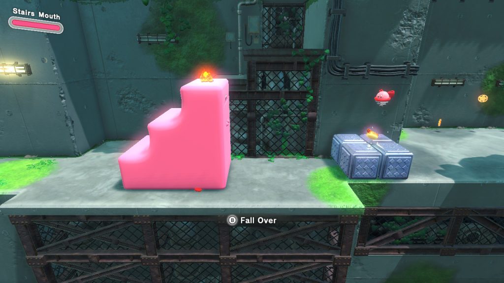 Kirby w postaci przerośniętych schodów z gry Kirby and The Forgotten Land
